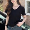 H783 loose and lazy style solid color big V collar short-sleeved women's T-shirt summer new casual simple and versatile to show thin trend - Black