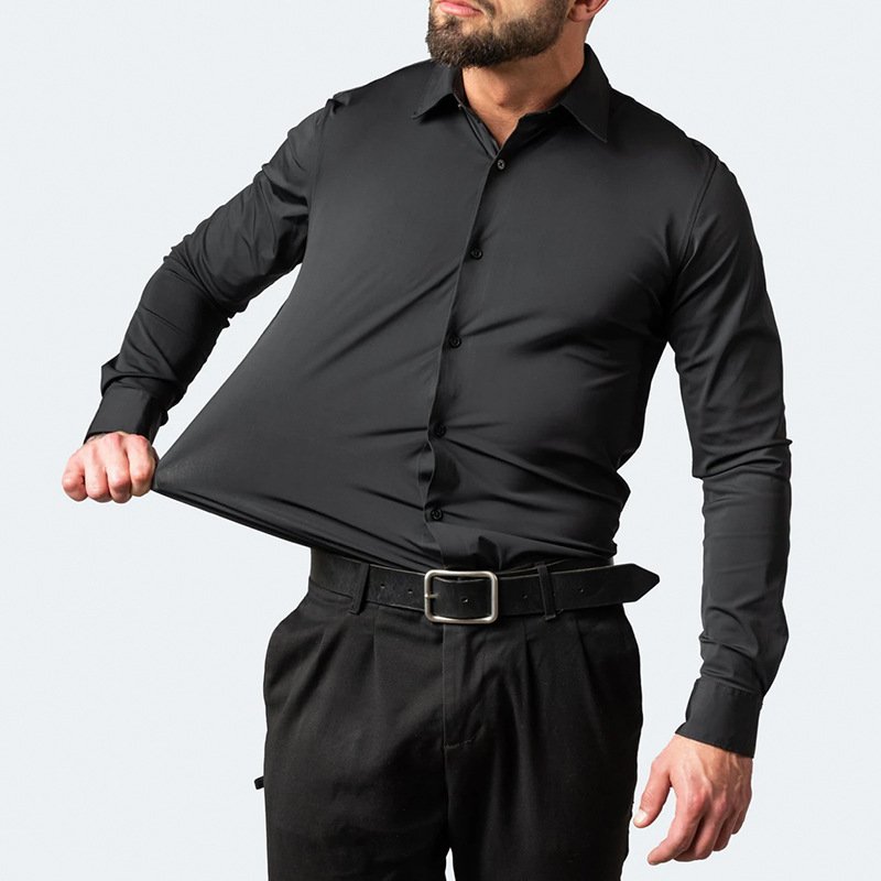 Four-sided stretch iron-free men's long-sleeved shirt mercerized vertical feel Amazon Euro size men's shirt