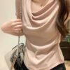 Gentle pleated irregular straight neck off-the-shoulder short-sleeved T-shirt women's 2026 summer new niche design top - Light Pink