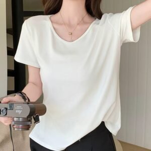 H783 loose and lazy style solid color big V collar short-sleeved women's T-shirt summer new casual simple and versatile to show thin trend