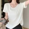 H783 loose and lazy style solid color big V collar short-sleeved women's T-shirt summer new casual simple and versatile to show thin trend - White
