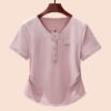 White women's summer 2026 new design V-neck irregular curved hem Korean version short-sleeved T-shirt women's half sleeves - Lotus pink