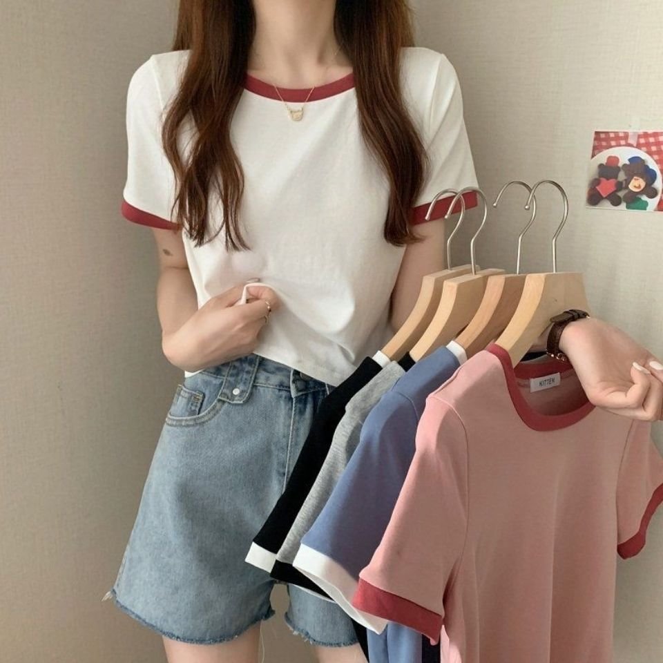 Contrasting crew neck short-sleeved T-shirt women's 2026 new summer base layer Korean slim short top trend