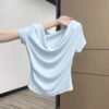 One-shoulder swing neck exposed collarbone pure desire fragrant shoulder T-shirt women's straight shoulders slim waist short sleeve sexy short top summer - Light blue