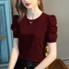 Short-sleeved T-shirt women's new solid color half-sleeved cotton shirt pleated puff sleeve design top for women - Ancora Red