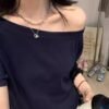 One-line collar off-the-shoulder design loose solid color short-sleeved T-shirt women's 2026 summer new slanted shoulder lazy top - Navy blue