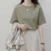 Short sleeve Korean crew neck T-shirt women's summer loose plant print casual solid color base shirt top Korean women's clothing - Matcha green